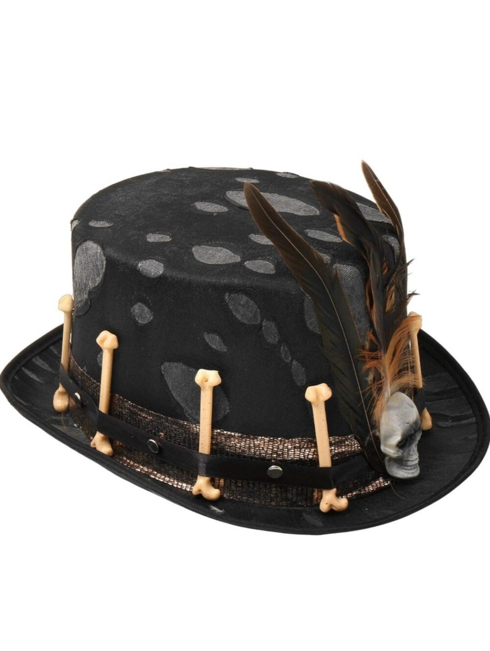Black Gothic Skull Feather Bone Top Hat - Men Women Unisex Accessories - Picture 2 of 8